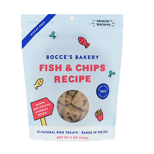 Bocce's Bakery Fish & Chips Salmon, Sweet Potato & Parsley Recipe Dog Treats 5oz