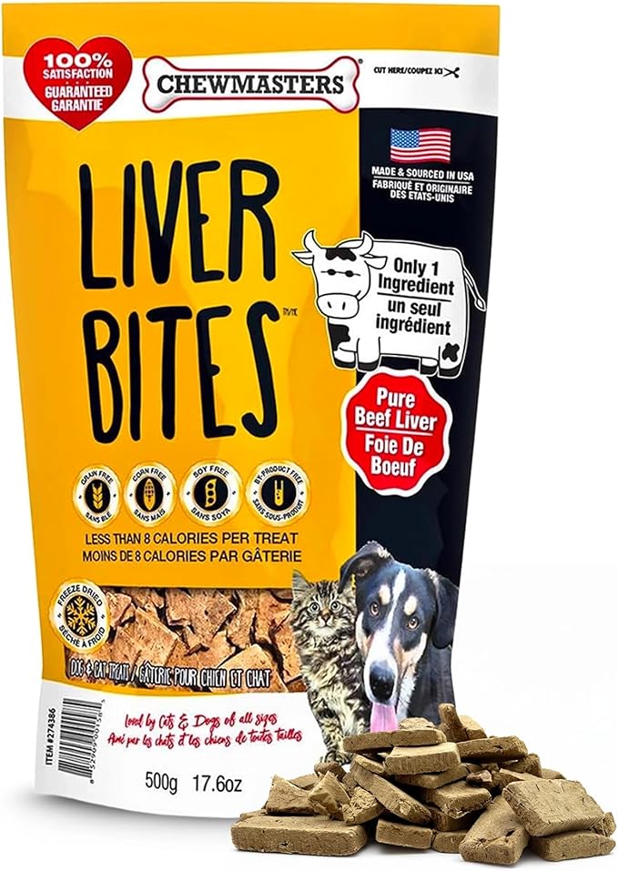 Chewmasters 100% Pure Beef Liver Bites, Healthy Freeze Dried Dog Treats, 17.6 oz, All Natural, Grain Free, High Protein & Zero Additives, Packed with Nutrients and Vitamins