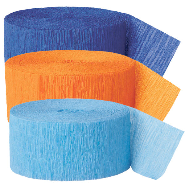 Royal Blue, Orange & Light Blue Crepe Streamers - 3 Pk