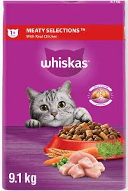 WHISKAS Meaty Selections Adult Dry Cat Food with Real Chicken, 9.1 kg