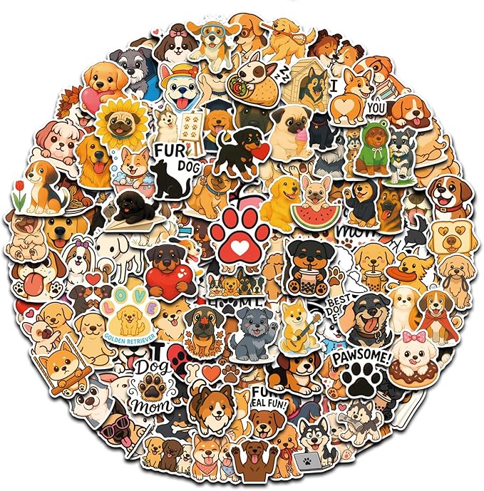 AOWDIAO 300 Pcs Cute Dog Stickers – Waterproof Glossy Vinyl – 20+ Puppy Breeds – Fun for Kids & Adults, Ideal for Water Bottles, Scrapbooking & Gifts